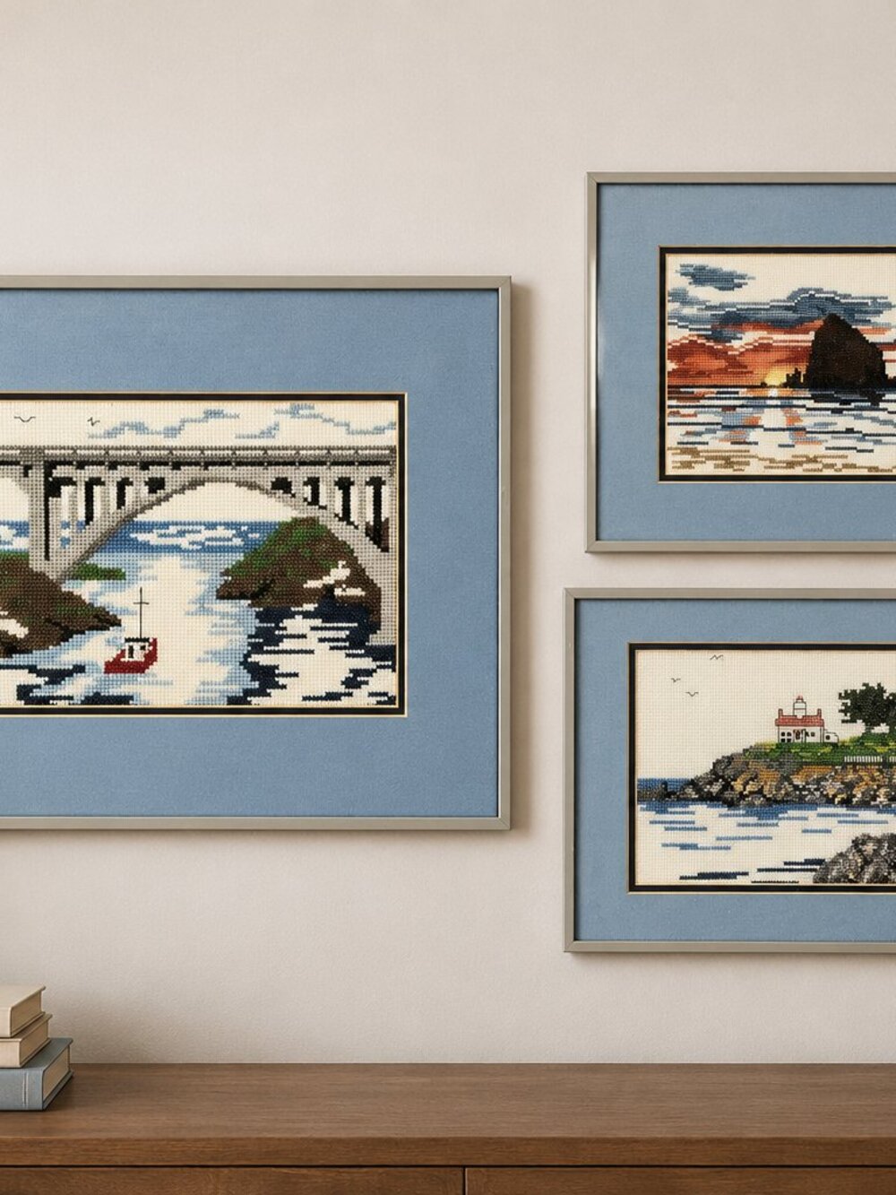 3 Framed Prints Blue Needlepoint Water pictures, Boating Bridge Lighthouse